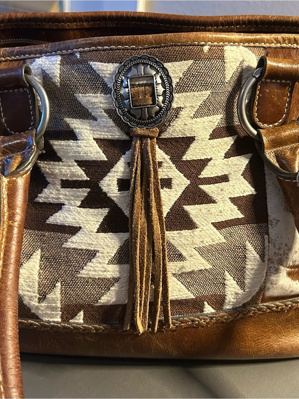 Brown Western-Style Leather Tote Bag with Aztec Panel